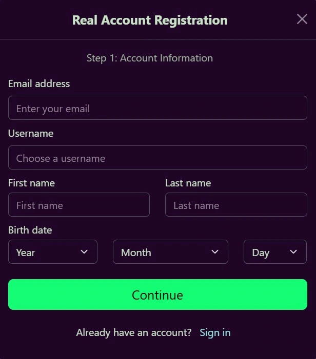 Avantgarde Casino real account registration form